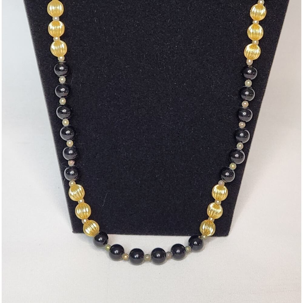 Black & Gold Beaded Necklace | 18” Vintage Statement Piece - Picture 3 of 8